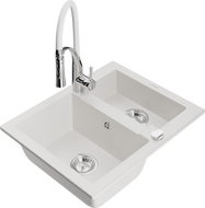 Mexen Carlos granitový dřez 1,5-komorový s kuchyňskou baterií Aster, bílý - 6518-20-73450-02