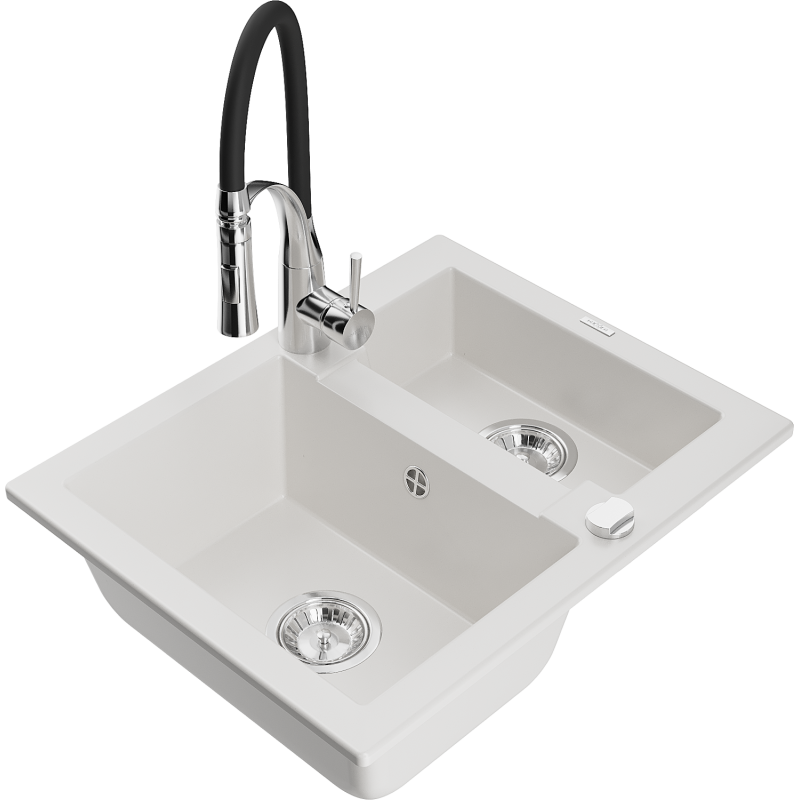 Mexen Carlos granitový dřez 1,5-komorový s kuchyňskou baterií Aster, bílý - 6518-20-73450-07