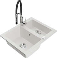 Mexen Carlos granitový dřez 1,5-komorový s kuchyňskou baterií Aster, bílý - 6518-20-73450-07