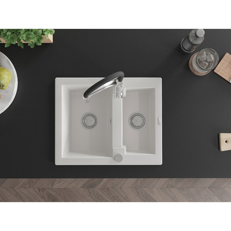 Mexen Carlos granitový dřez 1,5-komorový s kuchyňskou baterií Aster, bílý - 6518-20-73450-07