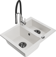 Mexen Carlos granitový dřez 1,5-komorový s kuchyňskou baterií Aster, bílý - 6518-20-73450-07-B