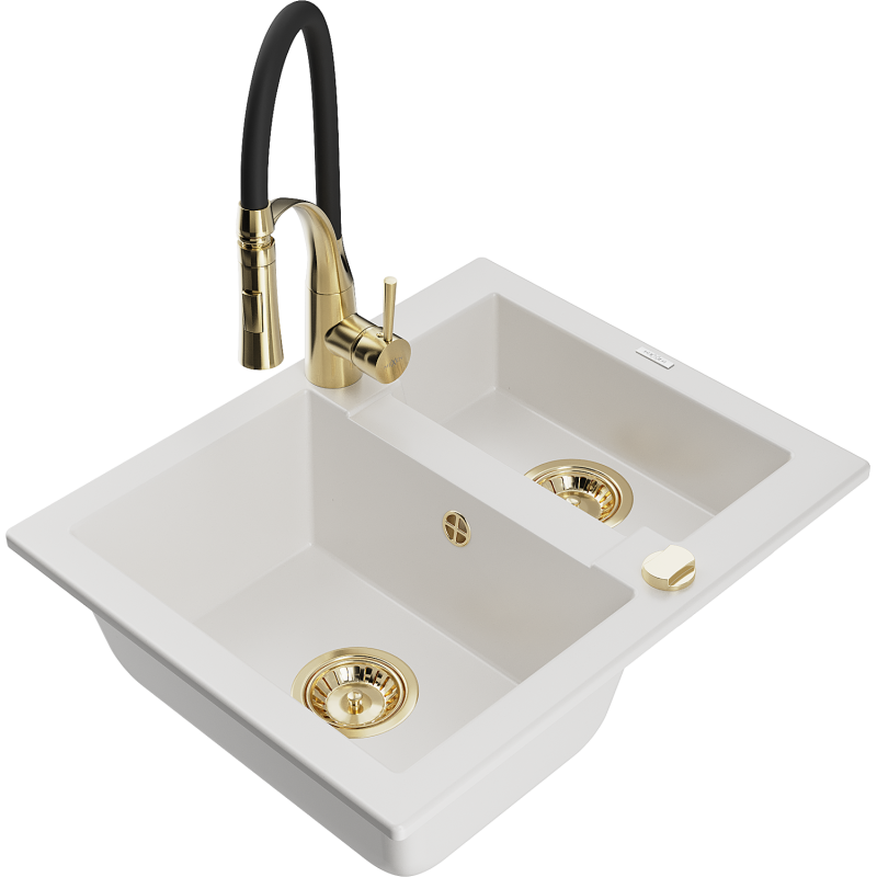 Mexen Carlos žulový dřez 1,5-komorový s kuchyňskou baterií Aster, bílý - 6518-20-73450-57-G