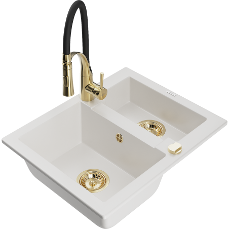 Mexen Carlos žulový dřez 1,5-komorový s kuchyňskou baterií Aster, bílý - 6518-20-73450-57-G