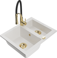 Mexen Carlos žulový dřez 1,5-komorový s kuchyňskou baterií Aster, bílý - 6518-20-73450-57-G