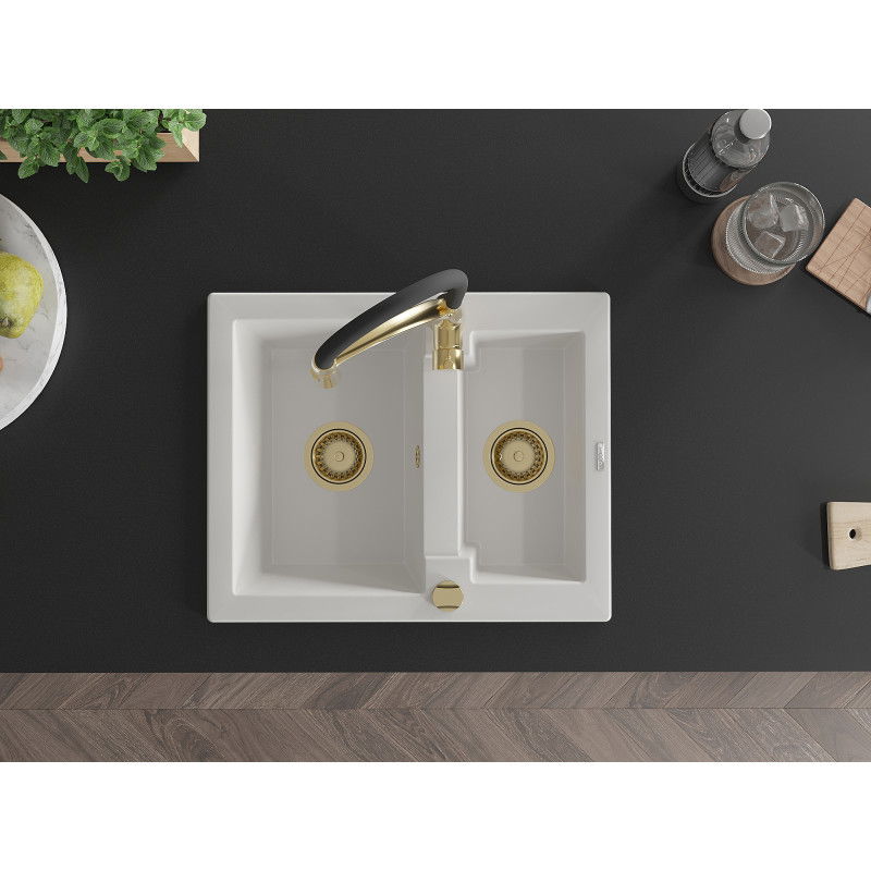 Mexen Carlos žulový dřez 1,5-komorový s kuchyňskou baterií Aster, bílý - 6518-20-73450-57-G
