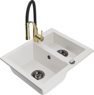 Mexen Carlos žulový dřez 1,5-komorový s kuchyňskou baterií Aster, bílý - 6518-20-73450-57-B