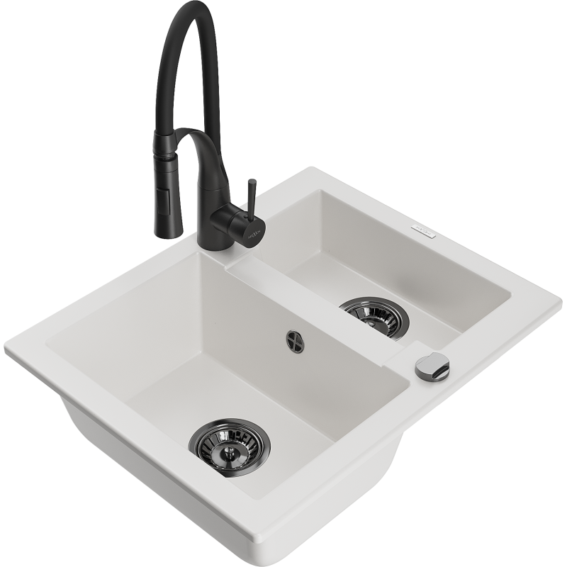 Mexen Carlos granitový dřez 1,5-komorový s kuchyňskou baterií Aster, bílý - 6518-20-73450-70-B