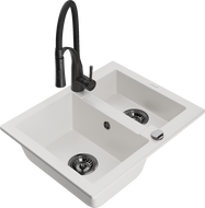 Mexen Carlos granitový dřez 1,5-komorový s kuchyňskou baterií Aster, bílý - 6518-20-73450-70-B