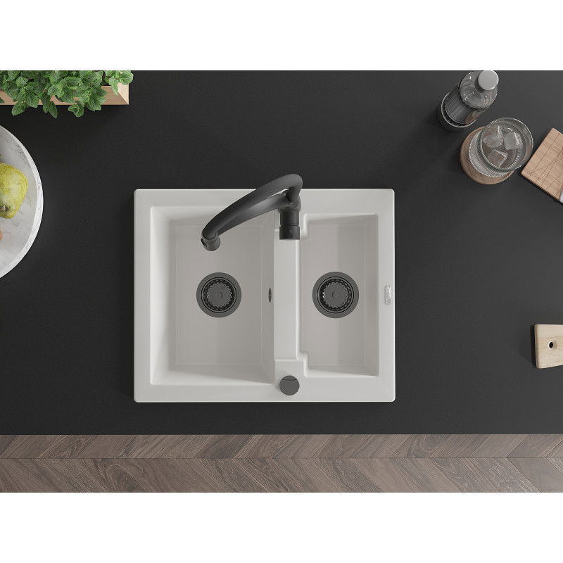 Mexen Carlos granitový dřez 1,5-komorový s kuchyňskou baterií Aster, bílý - 6518-20-73450-70-B