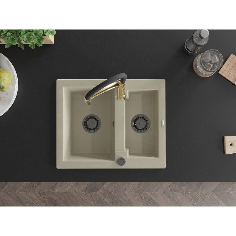 Mexen Carlos žulový dřez 1,5 komorový s kuchyňskou baterií Aster, béžový - 6518-69-73450-57-B