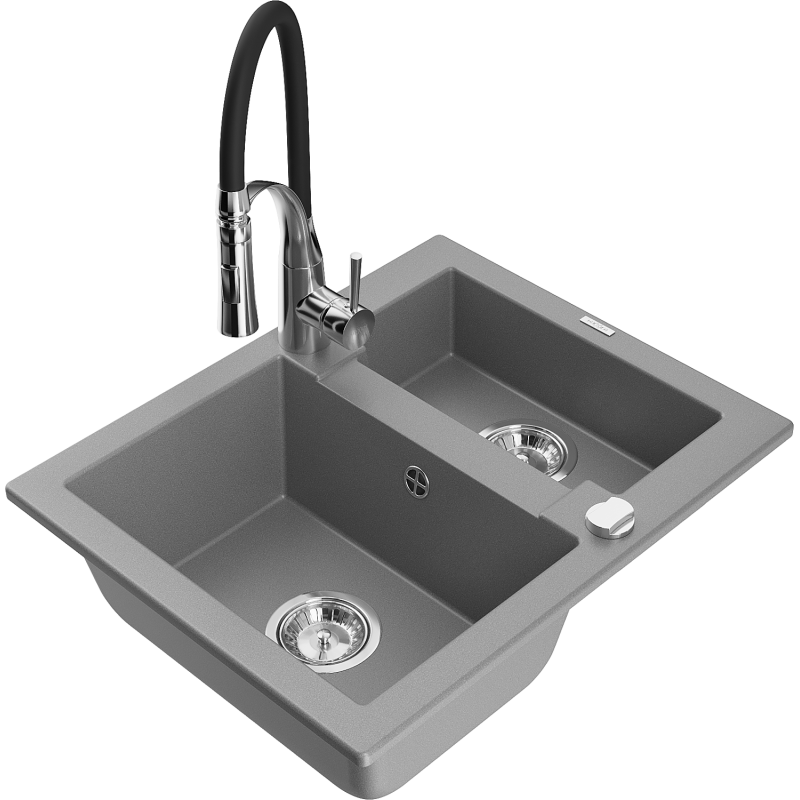 Mexen Carlos granitový dřez 1,5-komorový s kuchyňskou baterií Aster, šedý - 6518-71-73450-07