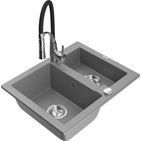 Mexen Carlos granitový dřez 1,5-komorový s kuchyňskou baterií Aster, šedý - 6518-71-73450-07