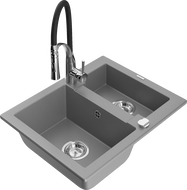 Mexen Carlos granitový dřez 1,5-komorový s kuchyňskou baterií Aster, šedý - 6518-71-73450-07