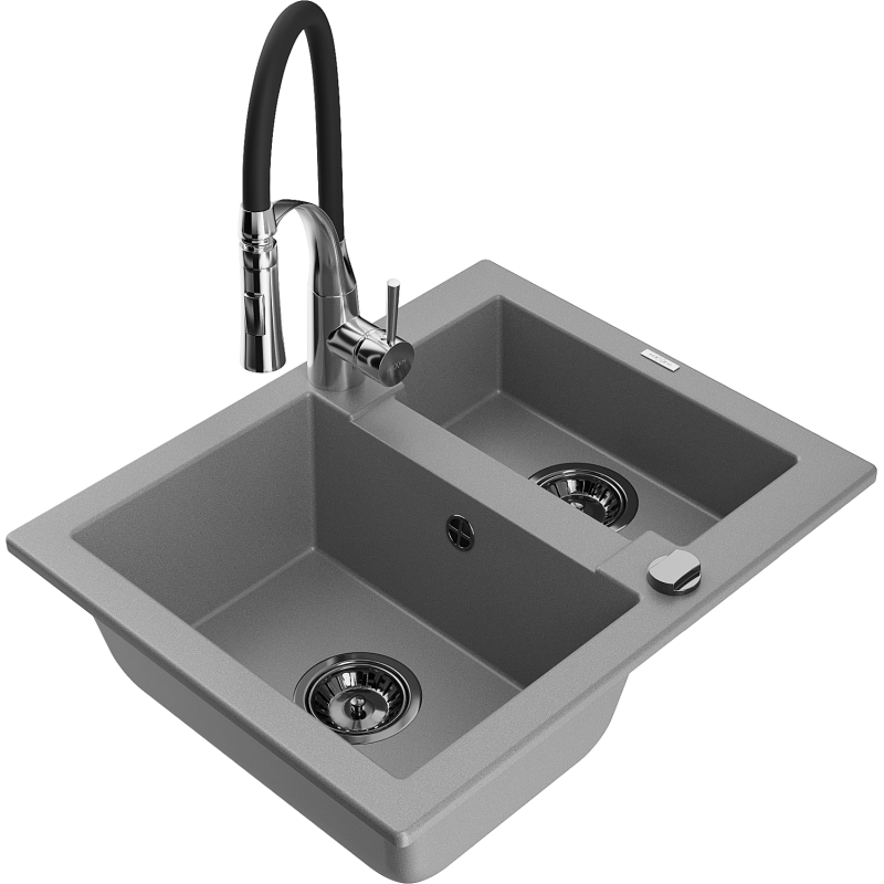 Mexen Carlos granitový dřez 1,5-místný s kuchyňskou baterií Aster, šedý - 6518-71-73450-07-B