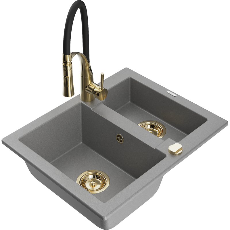 Mexen Carlos granitový dřez s 1,5 komorami a kuchyňskou baterií Aster, šedý - 6518-71-73450-57-G