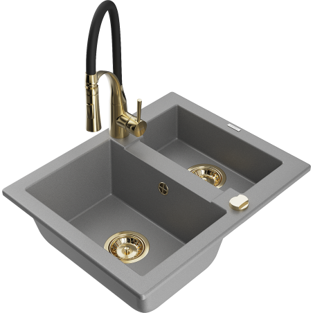 Mexen Carlos granitový dřez s 1,5 komorami a kuchyňskou baterií Aster, šedý - 6518-71-73450-57-G