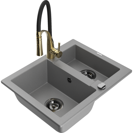 Mexen Carlos granitový dřez 1,5-komorový s kuchyňskou baterií Aster, šedý - 6518-71-73450-57-B