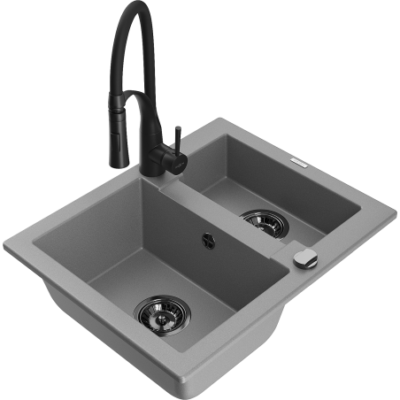 Mexen Carlos žulový dřez 1,5-komorový s kuchyňskou baterií Aster, šedý - 6518-71-73450-70-B