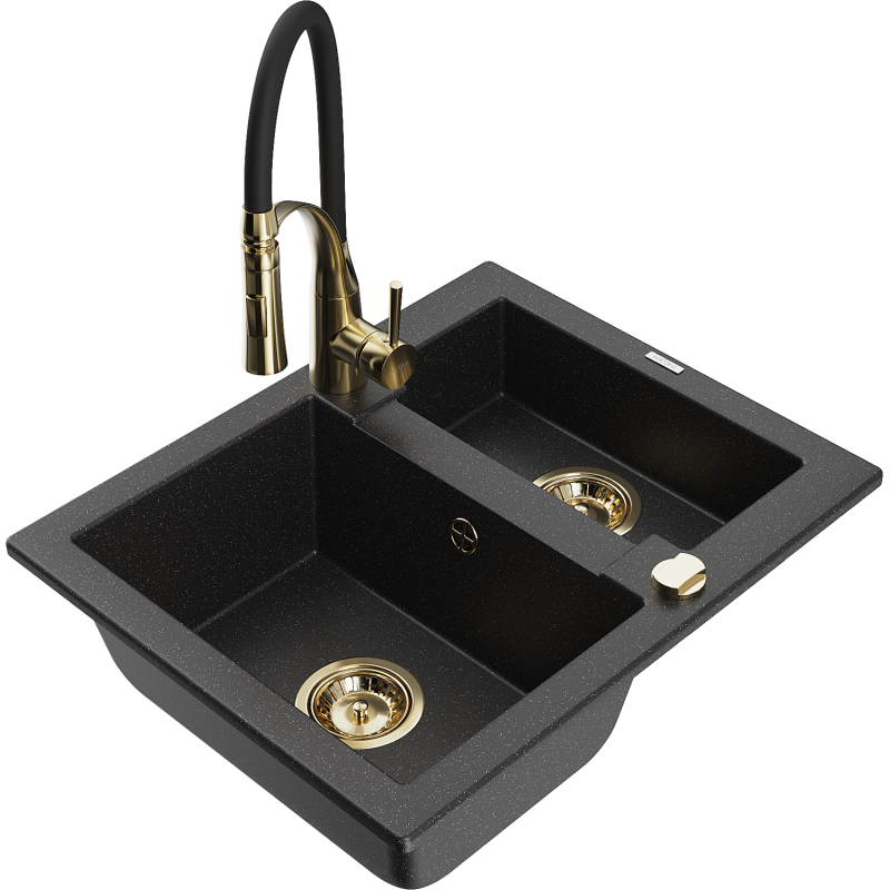Mexen Carlos granitový dřez 1,5-komorový s kuchyňskou baterií Aster, černý/stříbrný metalík - 6518-73-73450-57-G
