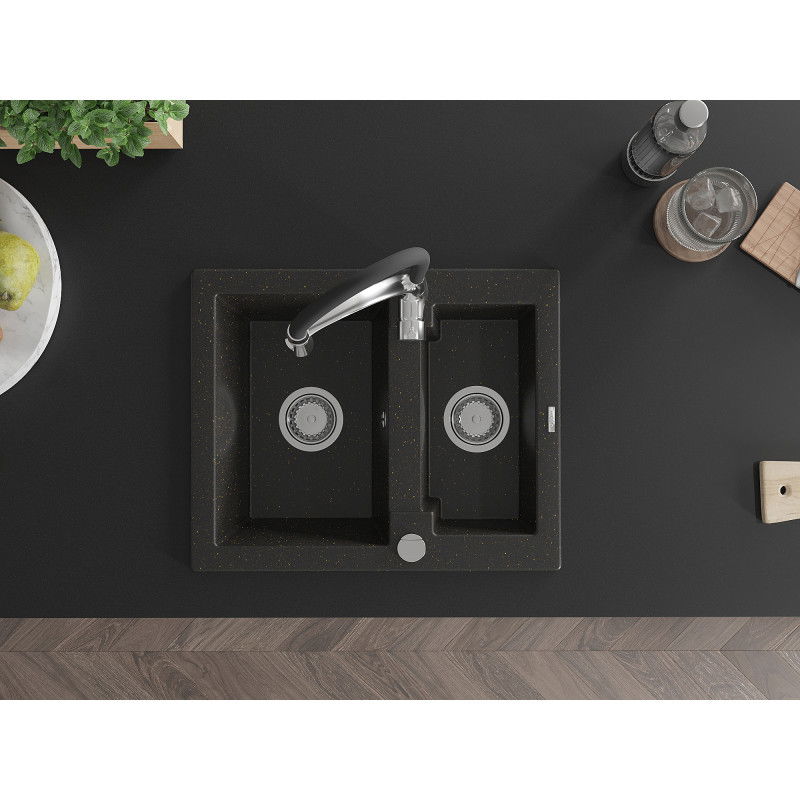 Mexen Carlos granitový dřez 1,5-komorový s kuchyňskou baterií Aster, černý/zlatý metalický - 6518-75-73450-07