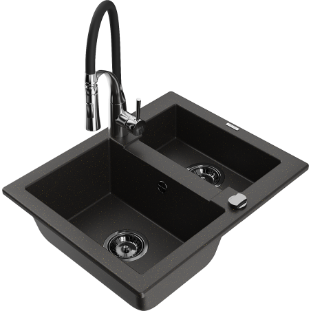 Mexen Carlos granitový dřez 1,5-komorový s kuchyňskou baterií Aster, černý/zlatý metalik - 6518-75-73450-07-B