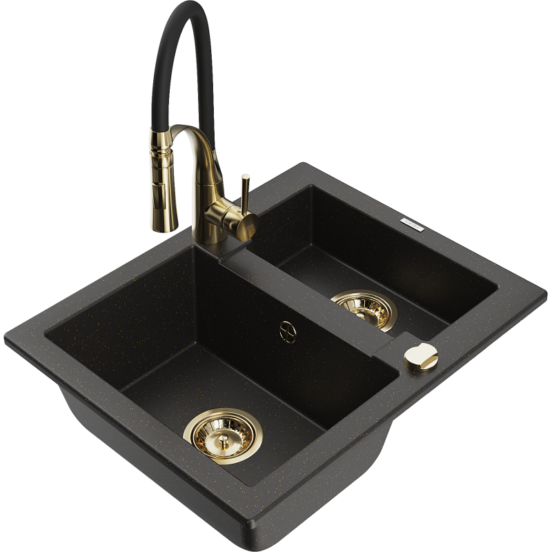 Mexen Carlos granitový dřez 1,5-komorový s kuchyňskou baterií Aster, černý/zlatý metalik - 6518-75-73450-57-G