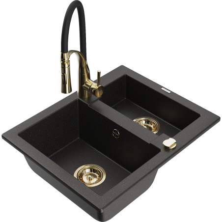 Mexen Carlos granitový dřez 1,5-komorový s kuchyňskou baterií Aster, černý/zlatý metalik - 6518-75-73450-57-G