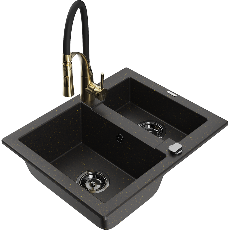 Mexen Carlos granitový dřez 1,5-komorový s kuchyňskou baterií Aster, černý/zlatý metalik - 6518-75-73450-57-B