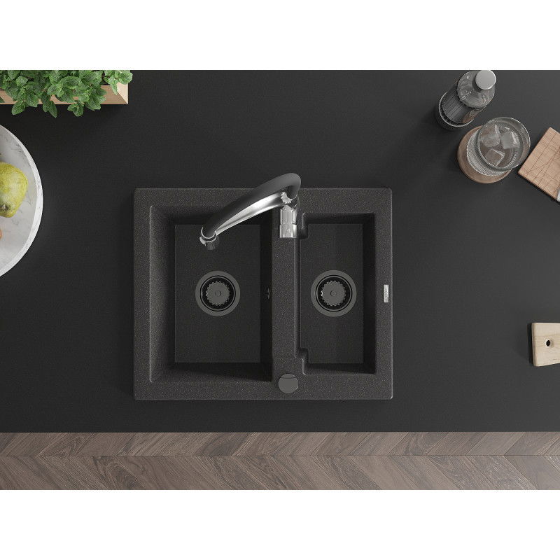 Mexen Carlos granitový dřez 1,5 komorový s kuchyňskou baterií Aster, černý skvrnitý - 6518-76-73450-07-B