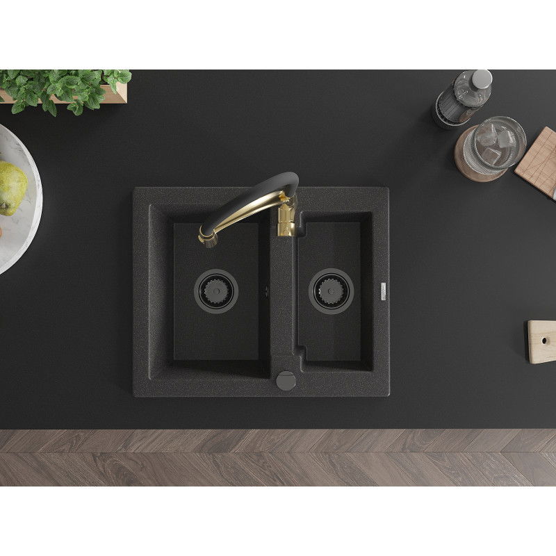 Mexen Carlos kuchyňský dřez z granitu s 1,5 komorou a kuchyňskou baterií Aster, černý s puntíky - 6518-76-73450-57-B