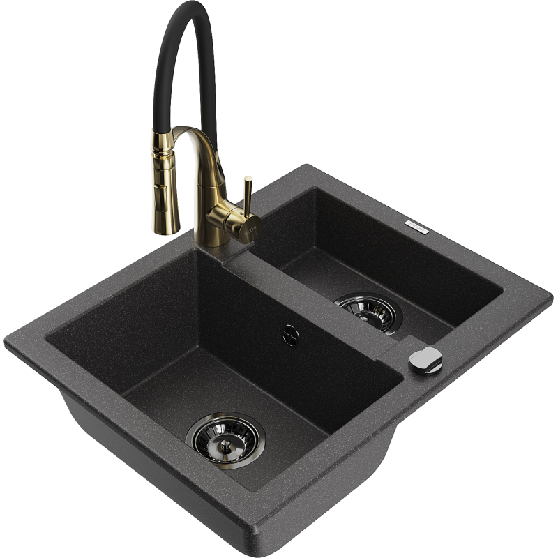 Mexen Carlos kuchyňský dřez z granitu s 1,5 komorou a kuchyňskou baterií Aster, černý s puntíky - 6518-76-73450-57-B
