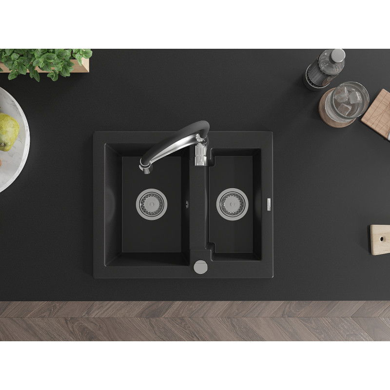 Mexen Carlos granitový dřez 1,5-komorový s kuchyňskou baterií Aster, černý - 6518-77-73450-07