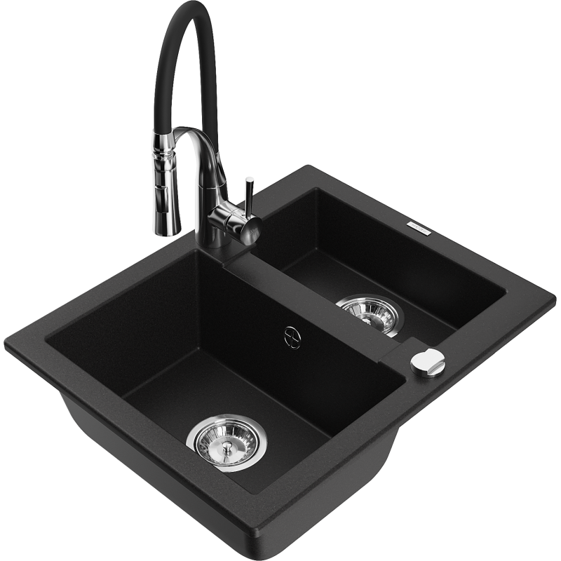 Mexen Carlos granitový dřez 1,5-komorový s kuchyňskou baterií Aster, černý - 6518-77-73450-07