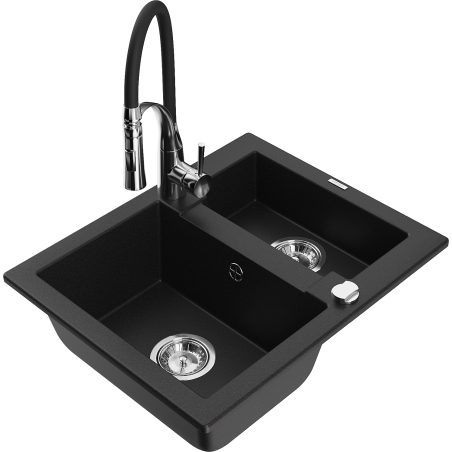 Mexen Carlos granitový dřez 1,5-komorový s kuchyňskou baterií Aster, černý - 6518-77-73450-07