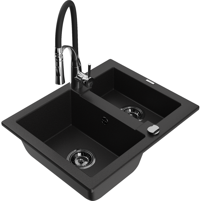 Mexen Carlos granitový dřez 1,5komorový s kuchyňskou baterií Aster, černý - 6518-77-73450-07-B