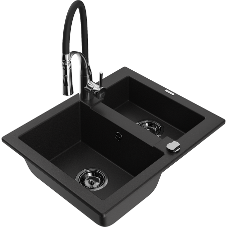 Mexen Carlos granitový dřez 1,5komorový s kuchyňskou baterií Aster, černý - 6518-77-73450-07-B