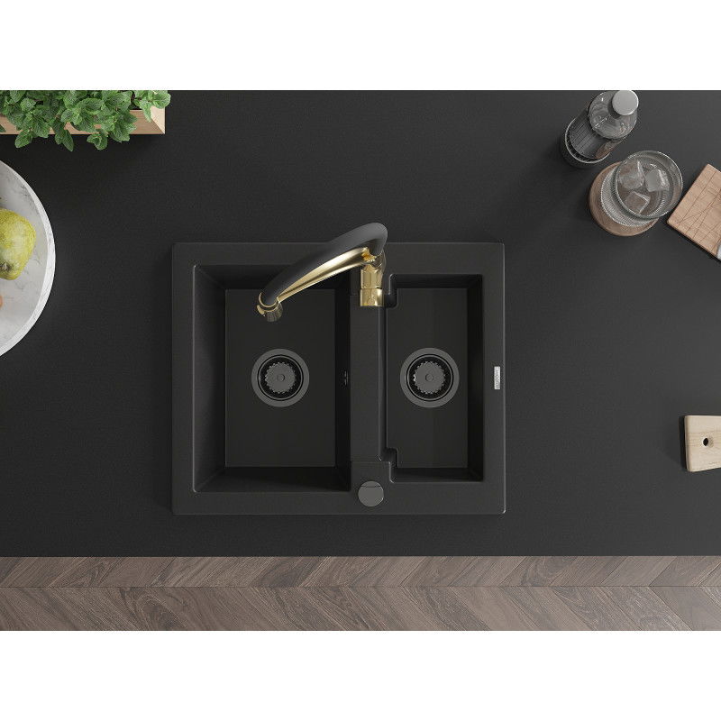 Mexen Carlos 1,5-komorový žulový dřez s kuchyňskou baterií Aster, černý - 6518-77-73450-57-B