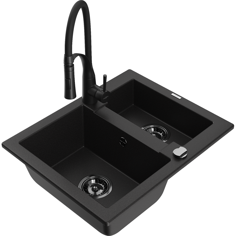 Mexen Carlos žulový dřez 1,5 komorový s kuchyňskou baterií Aster, černý - 6518-77-73450-70-B