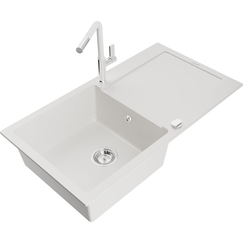Mexen Leo granitový dřez 1-komorový s odkapávačem a kuchyňskou baterií Flora, bílý - 6501-20-670401-02