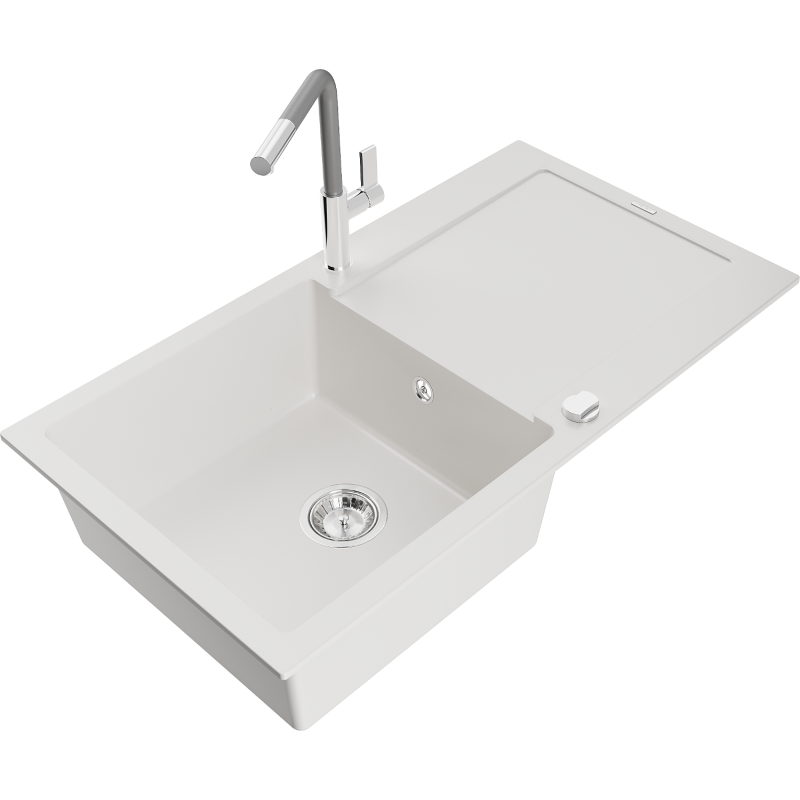 Mexen Leo granitový dřez 1-komorový s odkapávačem a kuchyňskou baterií Flora, bílý - 6501-20-670401-06