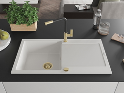 Mexen Leo granitový dřez 1-komorový s odkapávačem a kuchyňskou baterií Flora, bílý - 6501-20-670401-57-G