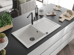 Mexen Leo granitový dřez 1-komorový s odkapávačem a kuchyňskou baterií Flora, bílý - 6501-20-670401-70-B