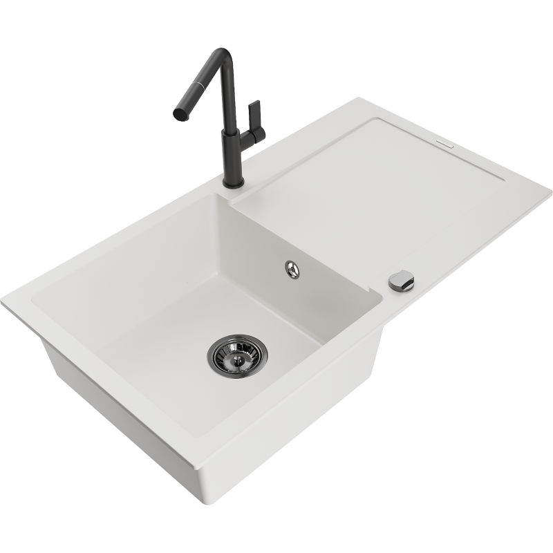 Mexen Leo granitový dřez 1-komorový s odkapávačem a kuchyňskou baterií Flora, bílý - 6501-20-670401-70-B