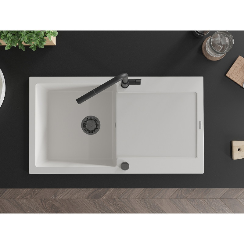 Mexen Leo granitový dřez s 1 komorou s odkapávačem a kuchyňskou baterií Flora, bílý - 6501-20-670401-70-B
