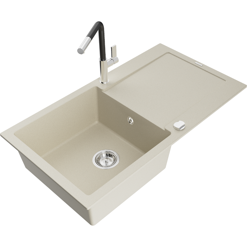 Mexen Leo jednokomorový granitový dřez s odkapávačem a kuchyňskou baterií Flora, béžový - 6501-69-670401-07