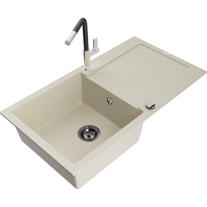 Mexen Leo granitový dřez 1-komorový s odkapávačem a kuchyňskou baterií Flora, béžový - 6501-69-670401-07-B