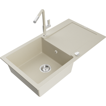 Mexen Leo granitový dřez 1-komorový s odkapávačem a kuchyňskou baterií Flora, béžový - 6501-69-670401-09