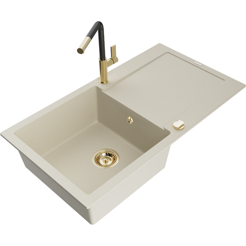 Mexen Leo jednokomorový žulový dřez s odkapávačem a kuchyňskou baterií Flora, béžový - 6501-69-670401-57-G