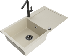 Mexen Leo granitový dřez 1-komorový s odkapávačem a kuchyňskou baterií Flora, béžový - 6501-69-670401-70-B