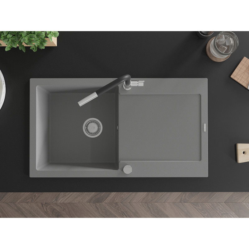 Mexen Leo granitový dřez 1-komorový s odkapávačem a kuchyňskou baterií Flora, šedý - 6501-71-670401-07